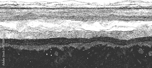 Detailed black and white of layered natural landscapes with undulating hills water and a distant horizon line creating a textured panoramic view