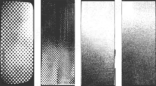 Four vertical abstract with halftone dot patterns, gradient transitions, and textured effects in black and white