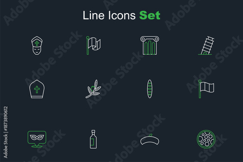 Set line Pizza, French beret, Bottle of wine, Carnival mask, Flag Italy, baguette bread, Olives branch and Pope hat icon. Vector