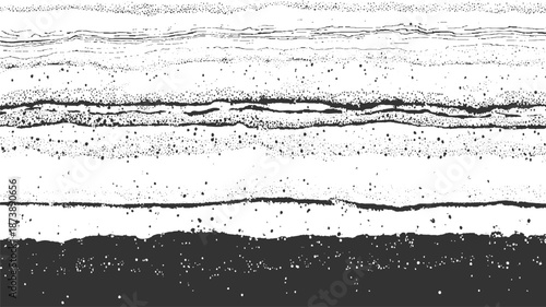 Horizontal geological strata with distinct layers of sediment and rock, featuring a minimalist black and white with a vintage aesthetic