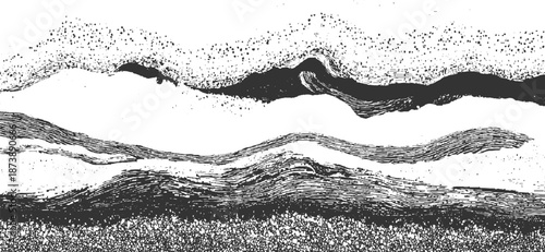 Abstract geological cross-section with undulating layers of rock and sediment, rendered in a stark black and white style with a vintage feel