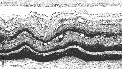 Detailed monochrome cross-section of folded geological strata with embedded pebbles and varying textures, illustrating earth's dynamic history and processes