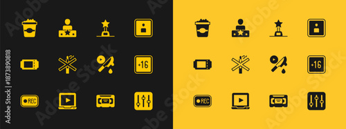 Set Play Video, Online play video, Thriller movie, VHS cassette tape, No smoking, Movie trophy, Popcorn cardboard box and Actor star icon. Vector