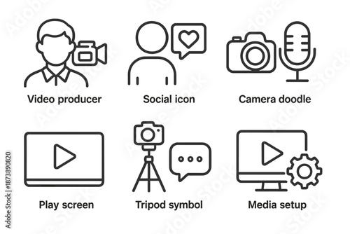 Video and media icon set featuring camera, microphone, and social symbols