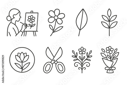 Line art of floral designs and female artist creating flower art on easel