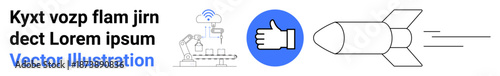 Innovation, automation, space technology, artificial intelligence, positive feedback, robotic systems. Rocket and thumbs-up icon beside futuristic robot setup. Innovation and automation concept