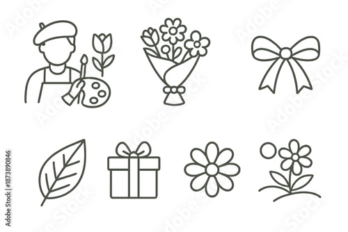 Artistic icons: painter, flowers, gift box, bow, leaf, blossoms