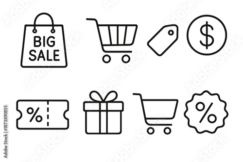 Shopping icon set with sale tags, shopping cart, and discounts