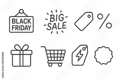 Black friday sale icons: shopping cart, gift box, discount tag, percentage sign
