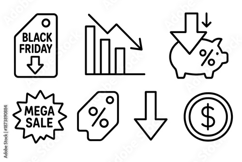 Black friday mega sale icons: discounts, savings, and deals