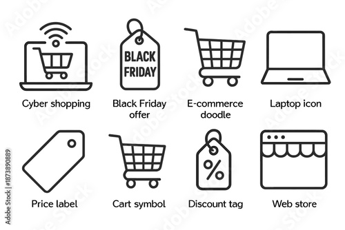 Cyber shopping and black friday e-commerce icons set
