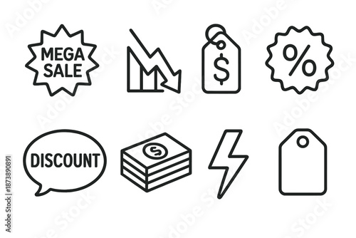 Icon set featuring mega sale, price tags, and discount symbols