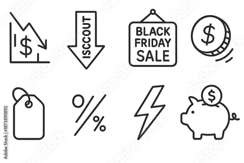 Black friday sale icons: discounts, savings, and shopping symbols