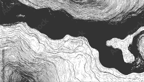 Striking abstract contrast between a dark solid area and detailed black and white topographic contour lines creating a dynamic visual landscape
