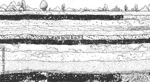 Stylized cross-section of earth layers in monochrome with distinct horizontal bands of varying textures and a simple tree line at the creating a representation