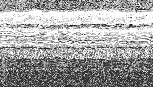 Abstract monochrome composition featuring horizontal layers of diverse textures including fine linework and dense circular patterns creating a visually rich abstract landscape