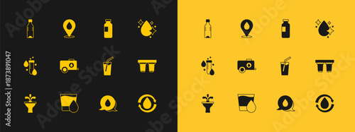 Set Water drop, Glass with water, speech bubbles, Mobile tank, Bottle of, and location icon. Vector