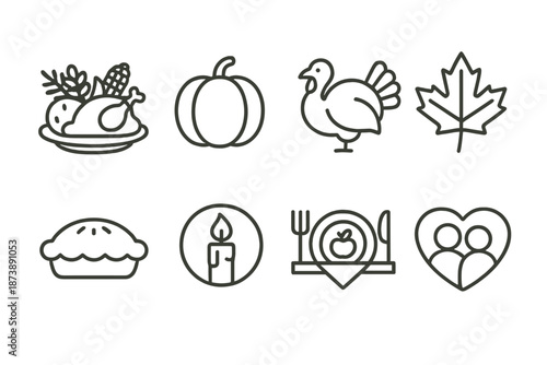 Thanksgiving icons: turkey, pumpkin, pie, maple leaf, candle, harvest feast symbols