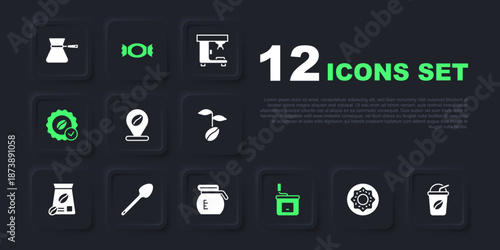 Set Donut, Iced coffee, Location with bean, Manual grinder, Medal for, Teaspoon, Candy and Coffee pot icon. Vector