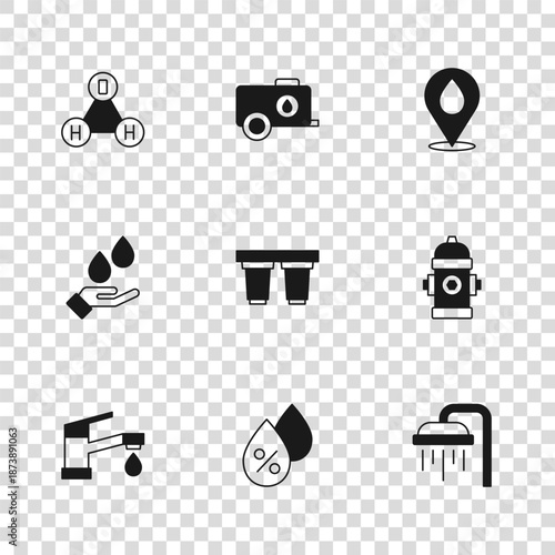 Set Water drop percentage, Fire hydrant, Shower, filter cartridge, with location, Chemical formula water H2O, Mobile tank and Washing hands soap icon. Vector