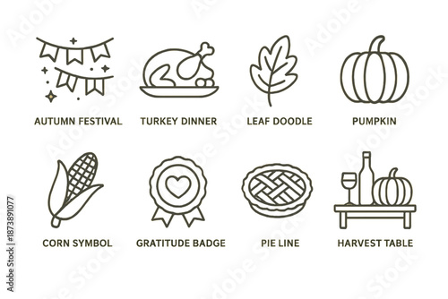 Autumn festival icons: turkey, leaf, pumpkin, corn, gratitude, pie, harvest