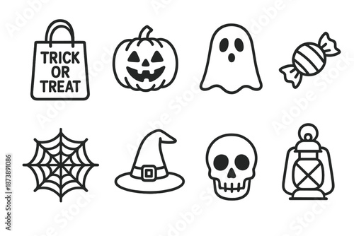 Halloween icons: pumpkin, ghost, candy, web, witch hat, skull, lantern