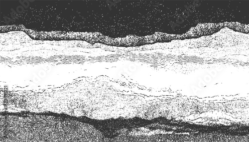Abstract monochrome landscape with layered textures and wavy line patterns suggesting geological formations or flowing water with a sense of movement