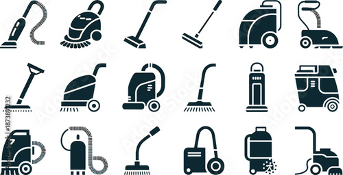 Cleaning equipment icons vector set, vacuum cleaners, floor scrubbers, steam machines and janitorial tools silhouettes for professional cleaning services