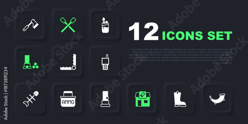 Set Waterproof rubber boot, Hunting horn, Trap hunting, shop, Cartridges, Ammunition box, Burning match with fire and icon. Vector