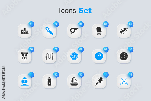 Set Tennis racket with ball, Jump rope, Torch flame, American Football, Fencing, Baseball, Award over sports winner podium and Volleyball icon. Vector