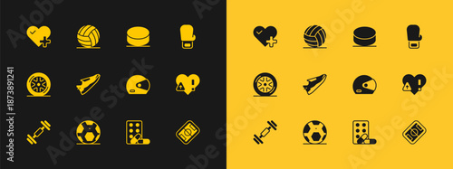 Set Boxing glove, Soccer football ball, Racing helmet, Sports doping with dumbbell, Fitness sneakers shoes, Hockey puck, Heart rate and Volleyball icon. Vector