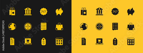 Set Piggy bank, Shopping cart on screen laptop, list, Price tag with dollar, Cryptocurrency coin Bitcoin, Clock 24 hours, Paper shopping bag and Bank building icon. Vector
