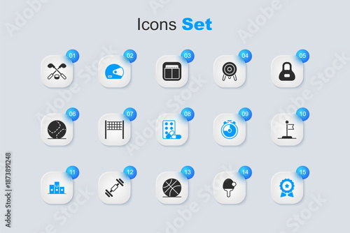 Set Racket, Volleyball net, Racing helmet, Award over sports winner podium, Medal with star, Flag, Ice hockey sticks and puck and Sports doping dumbbell icon. Vector