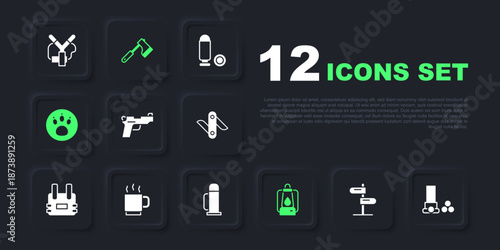 Set Road traffic sign, Cartridges, Pistol or gun, Camping lantern, Paw search, Coffee cup, Wooden axe and Thermos container icon. Vector