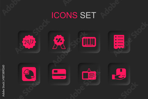 Set Credit card, Discount percent tag, Clock 24 hours, Identification badge, Shopping list, Delivery hand with box, Barcode and Pie chart infographic icon. Vector