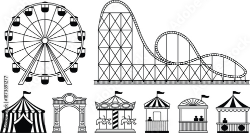 Amusement park attractions line art collection with ferris wheel, roller coaster, carousel, circus tent, pavilion structures, black outline vector illustration