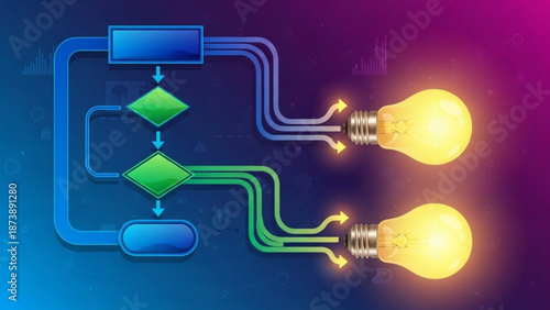 Innovative technology concept with glowing light bulbs and colorful flowchart on gradient background representing creative problem solving and idea generation