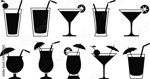 Cocktail drink silhouettes vector set, black beverage glasses with straws, umbrellas and garnishes, bar menu icons isolated on white
