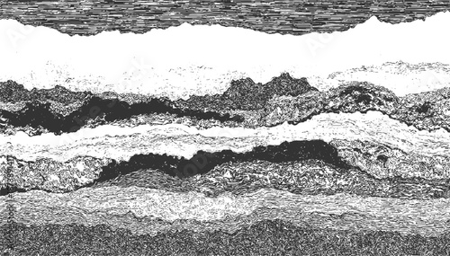 Abstract monochrome textured landscape with layered undulating terrain and a textured sky above creating a sense of depth and geological formation in a style