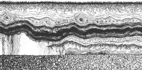 Detailed cross-section of earth strata rendered in monochrome with intricate linework showing layers of soil rock and organic in a geological cross-section