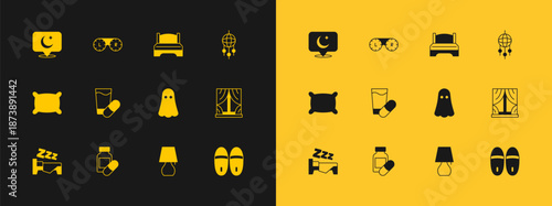 Set Dream catcher with feathers, Sleeping pill, Ghost, Table lamp, Big bed, Moon and stars and Contact lens container icon. Vector