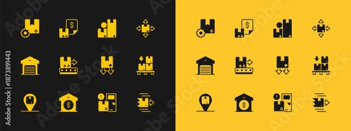 Set Carton cardboard box, Warehouse price, Cardboard with traffic symbol, Home delivery services, Conveyor belt, Gear package and Waybill icon. Vector