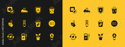 Set Recycle bin, Petrol or gas station, Trash can, Plant pot, LED light bulb, Shield with leaf, Electrical outlet and car icon. Vector