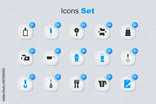 Set Measuring cup, Frying pan, Knife, Pizza knife, Cutting board and, Spatula, and Chicken egg on stand icon. Vector