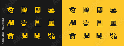 Set Cargo ship with boxes delivery, Location cardboard, Warehouse interior, Carton, Unboxing, Waybill, check and Document tracking marker icon. Vector