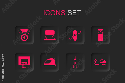 Set Racing helmet, Pommel horse, Medal, Dart arrow, Punching bag, Football shoes, Kayak and paddle and Basketball backboard icon. Vector