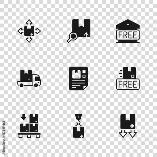 Set Crane with cardboard box, Cardboard free symbol, traffic, Waybill, Free storage, Carton, Search package and Delivery cargo truck icon. Vector