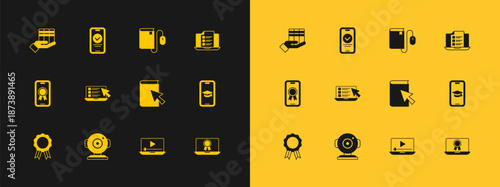 Set Online quiz, test, survey, Web camera, book, play video, Electronic with mouse, Book donation and icon. Vector