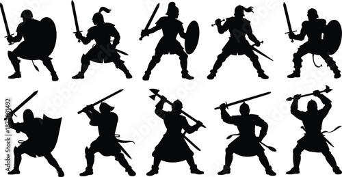 Medieval warrior silhouettes vector set with knights, swords and shields, ancient combat poses, fantasy battle characters, black silhouettes collection