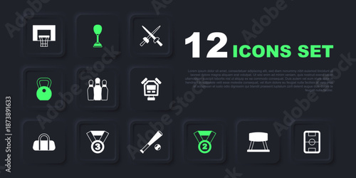 Set Pommel horse, Football field, Bowling pin, Medal, Weight, Punching bag and Baseball bat with icon. Vector